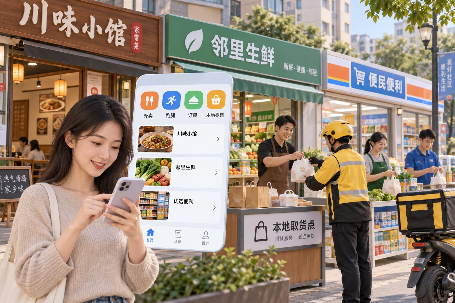 O2O平台功能场景：中国县城社区商业街的餐饮店、生鲜店与便利店三家小店形成一个本地平台；中国顾客在手机中选店