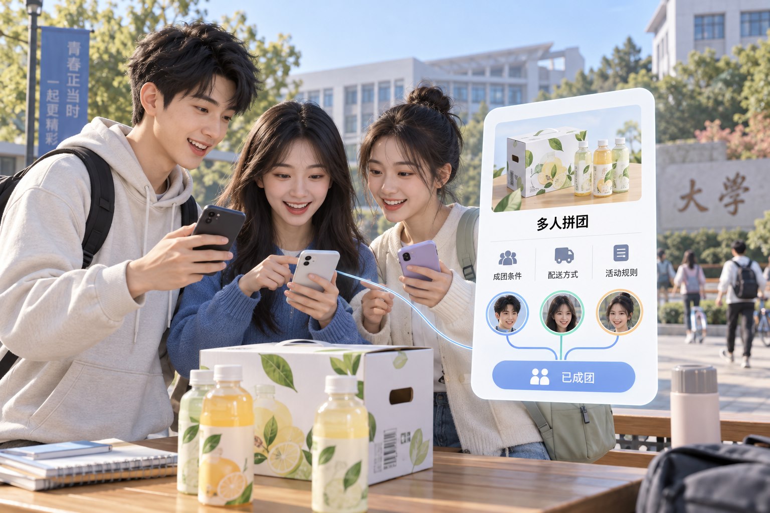多人拼团功能场景：中国大学校园中三名成年中国学生各持手机