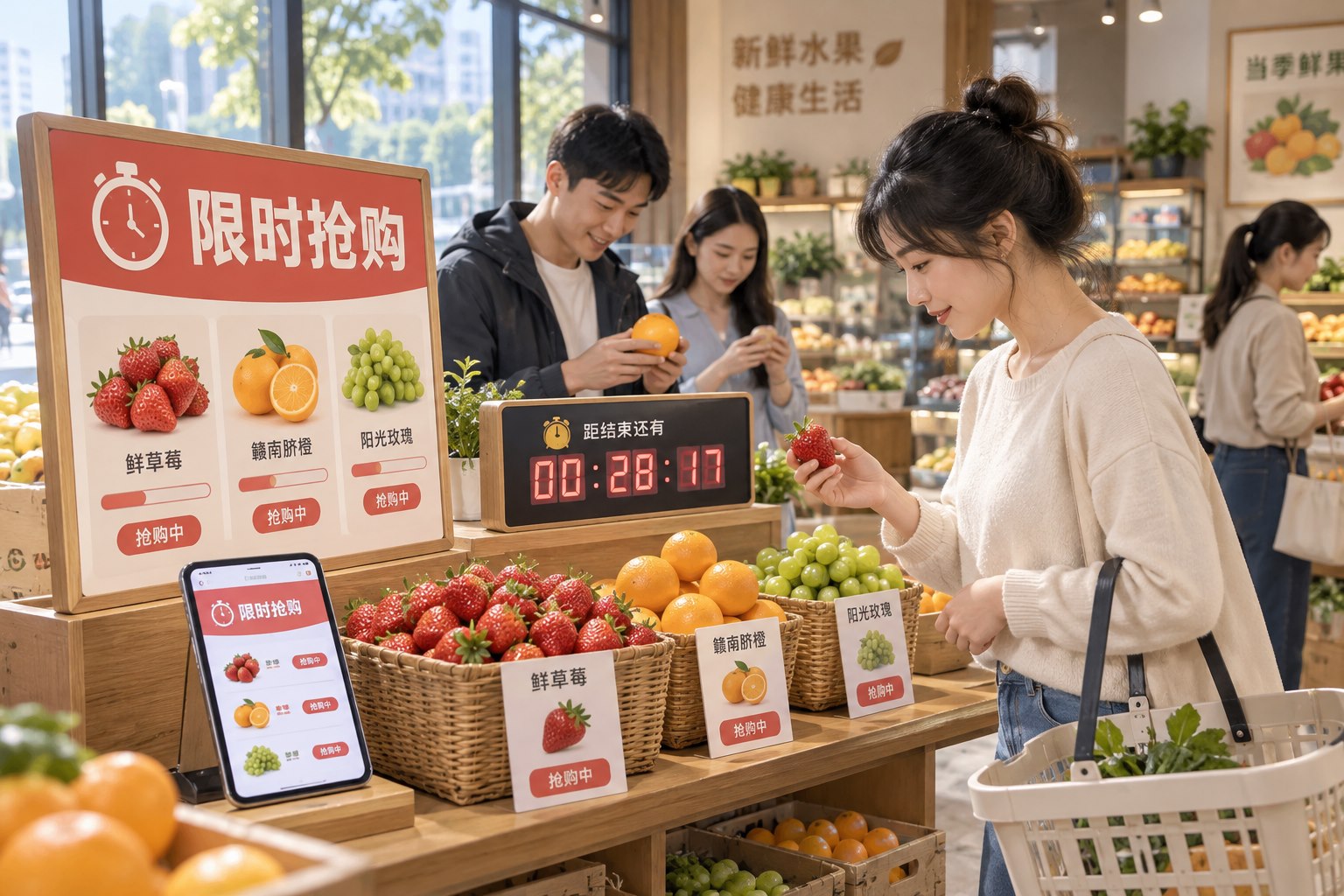 限时抢购功能场景：中国水果店限时促销展示台