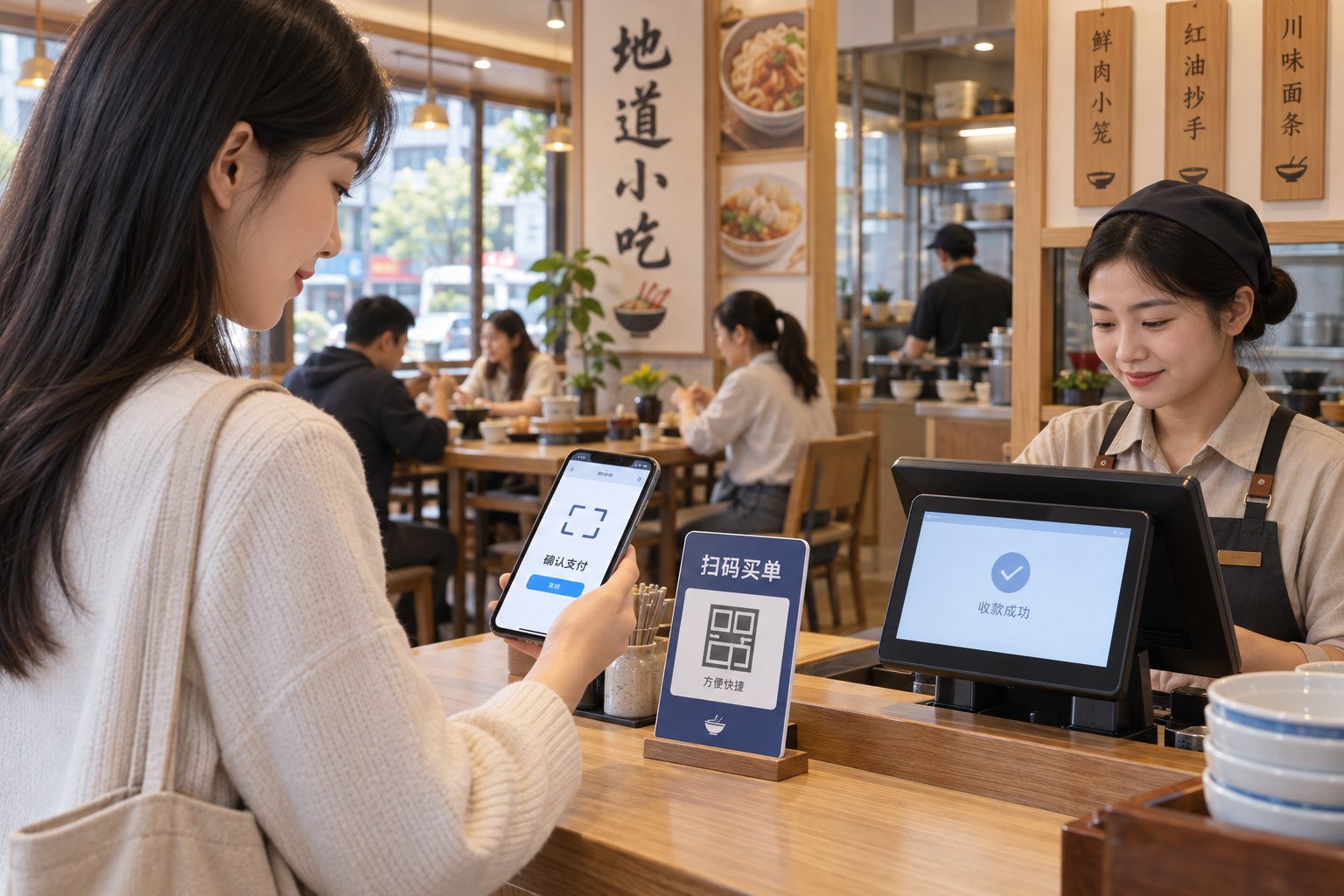 在线买单功能场景：中国小吃店结账处