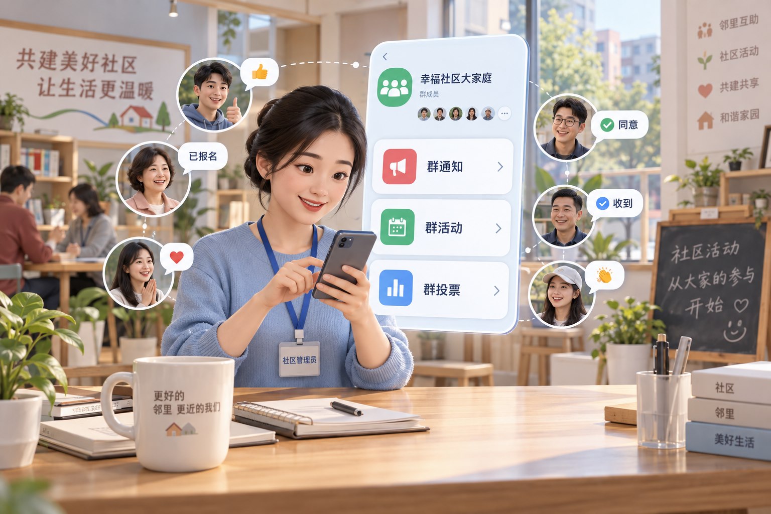 超级群助手功能场景：中国社区群管理员坐在活动室桌前