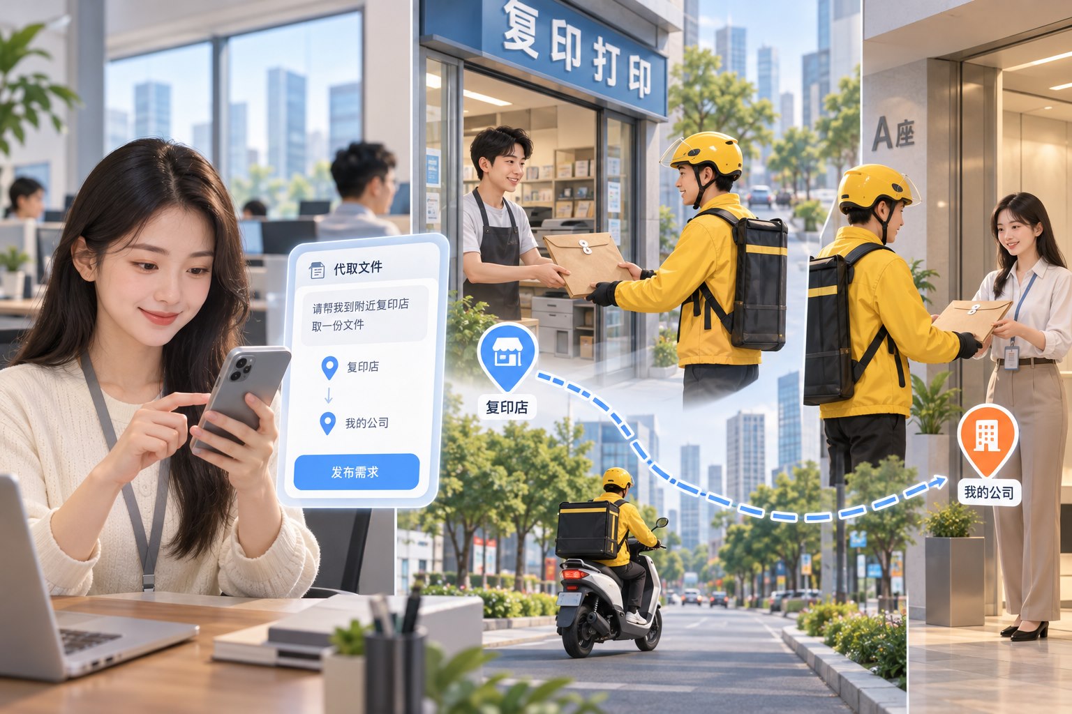 跑腿小程序功能场景：中国写字楼午间