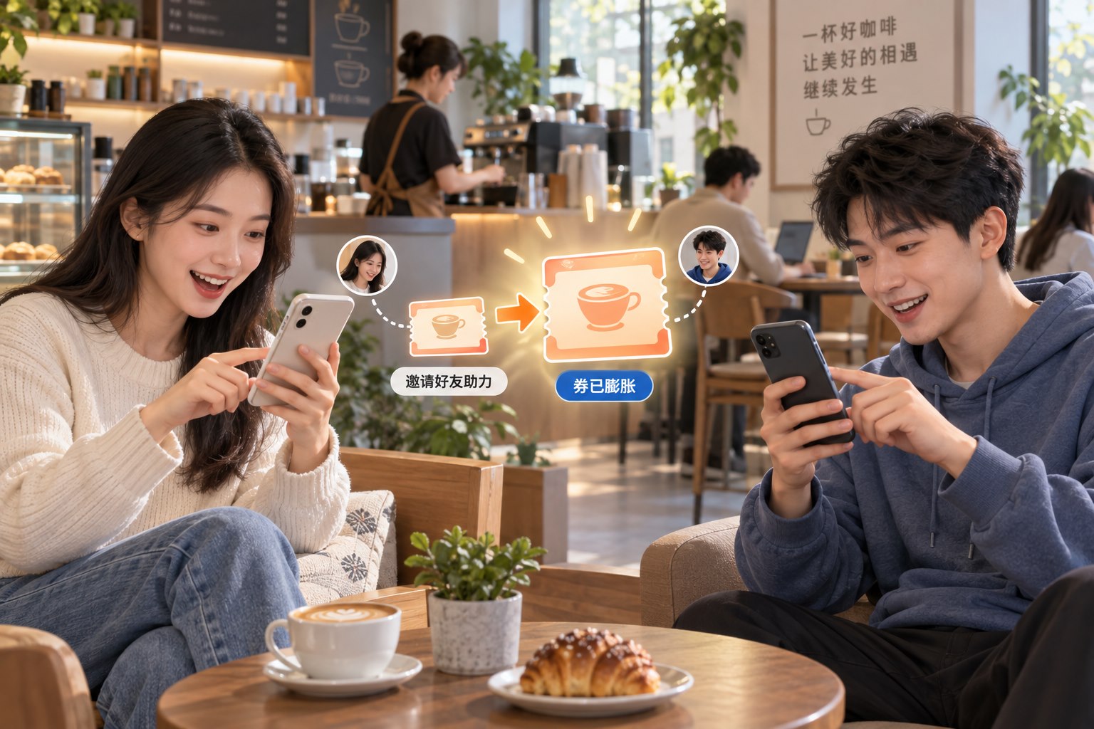 优惠券膨胀活动功能场景：中国咖啡店休息区
