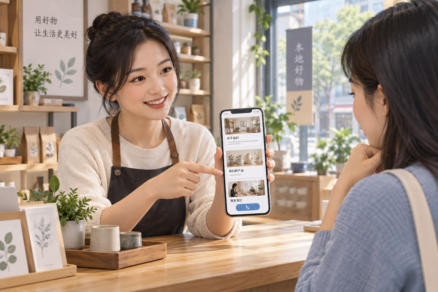 微网站功能场景：中国小商家桌前展示简洁手机官网