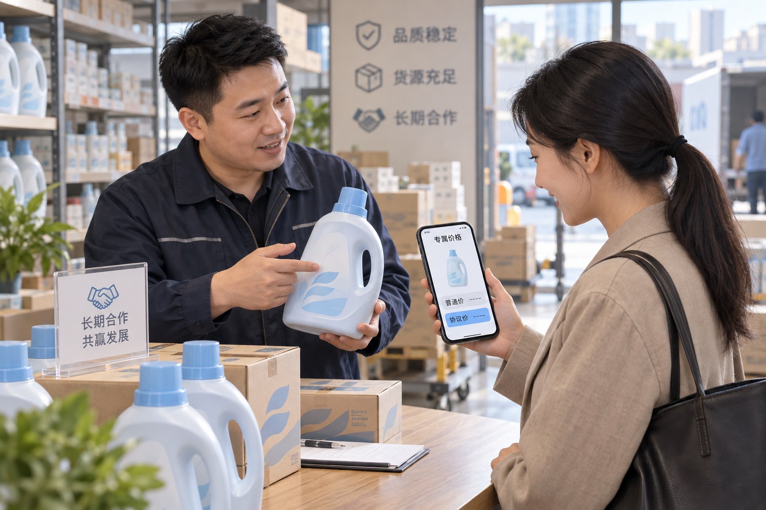 顾客协议价功能场景：中国批发商与长期合作顾客在商店核对同一商品