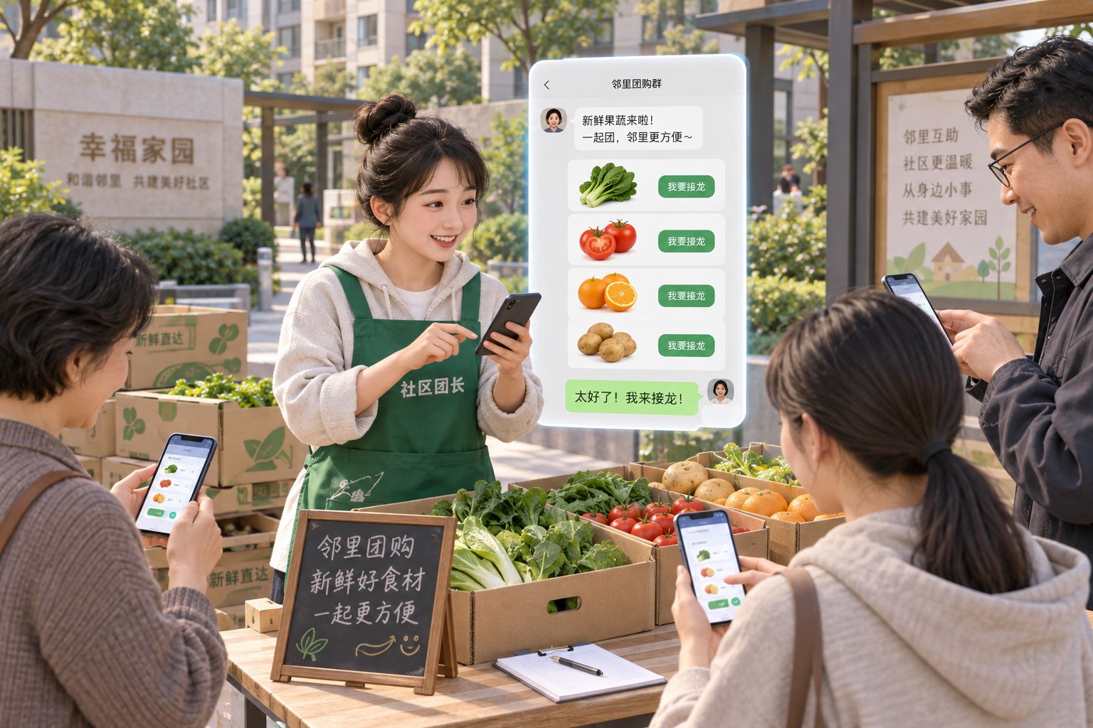 快团系统功能场景：中国社区团长把新到的果蔬商品快速组成一个团购清单并发给邻居