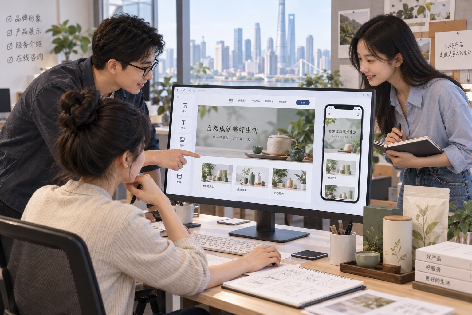 官网建站系统功能场景：中国创业团队在办公室设计企业官网