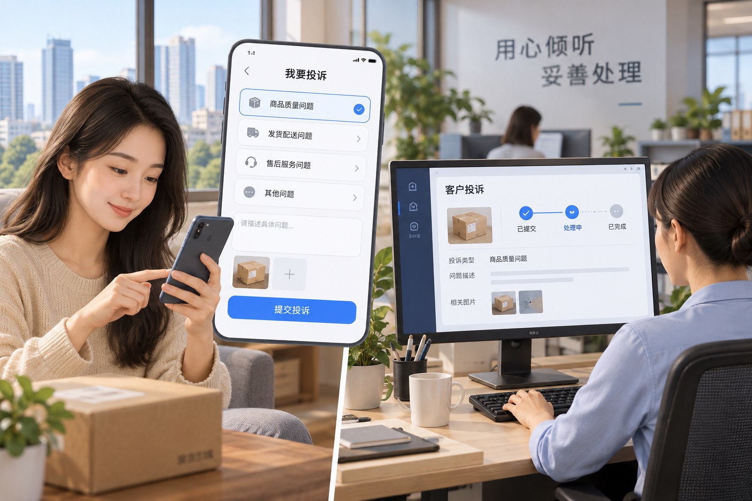 顾客投诉系统功能场景：中国顾客在手机选择问题类别并提交订单投诉